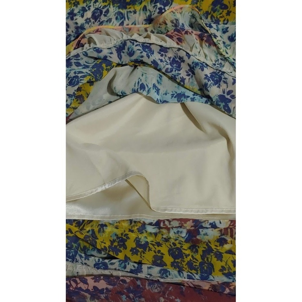 Bebe Floral Print Maxi Dress L Ruffle Tiered Spaghetti Strap V Neck Yellow Blue - Picture 10 of 13